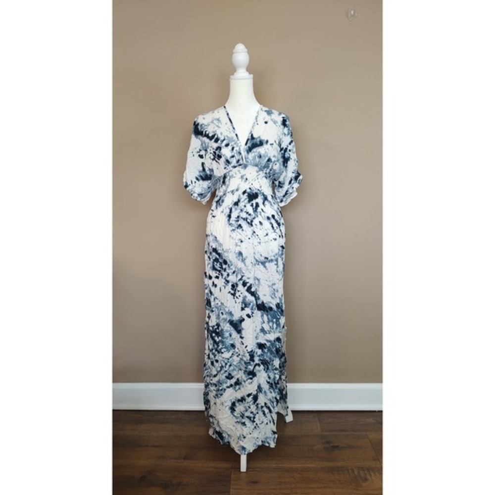 Japna Womens Blue White Tie Dye Smocked Waist V-Neck Maxi Dress Size M Slit Boho
